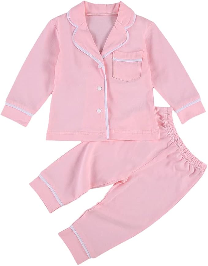 Toddler Kids Baby Girl Solid Pjs Ruffle Long Sleeve Button Shirt Top and Pants Cotton 2Piece Pajamas Set