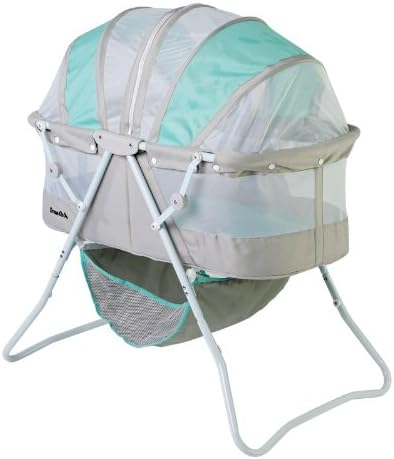 Dream On Me Karley Bassinet in Blue & Grey, Lightweight Portable Baby Bassinet, Quick Fold and Easy to Carry , Adjustable Double Canopy, Indoor and Outdoor Bassinet with Large Storage Basket.