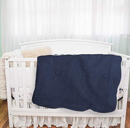MONOBLANKS Baby Quilt Personlized Monogram Lightweight Embossed Scalloped Throw Blanket Four Seasons (Navy)