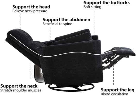 Swivel Rocker Recliner Chair, Manual Swivel Rocking Glider Chair for Nursery Adult Rocking Chair with 2 Pillows for Living Room Bedroom (Black, Manual Operation)