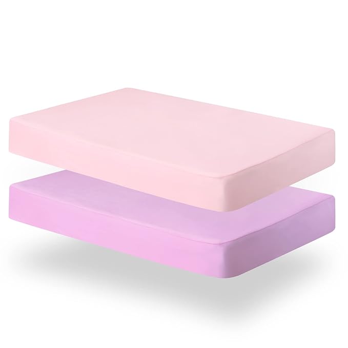 Biloban Crib Sheets Fitted, 2 Pack Crib Sheet Fits for Standard Crib Mattress, Neutral Toddler Bed Sheets for Baby Boys and Girl, Pink & Violet, 52”X 28”