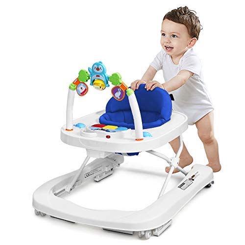 HONEY JOY Baby Walker, Foldable Push Walker Toy-Seated & Walk-Behind with Wheels, Interactive Piano & Pedants, Adjustable Height & & Speed, Padded Seat, Baby Walkers for Boys Girls(Blue)