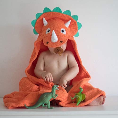 Hooded Baby Towel for Kids 2-8 | Large 100% Cotton Baby Towel for Boys or Girls in Orange | Cute Dino Bath Towels for Babies and Toddlers with Dinosaur Design