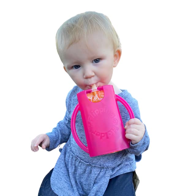Squeeze Proof Pouch Holder (2-Pack with lids) for Food Pouches & Juice Boxes - Multipurpose - Prevent Messes & Support Self-Feeding - Easy Grasping Handles - Made in USA