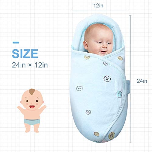 Organic Cotton Baby Swaddle Blankets, Unisex Baby Blanket Wrap for Newborn Baby Boys Girls, Skin Friendly Wearable Swaddling Sleep Sack Calms Startle Reflex (Button, Blue, 0-3 Months)