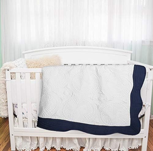 MONOBLANKS Baby Quilt Personlized Monogram Lightweight Embossed Scalloped Throw Blanket Four Seasons (White-Navy Trim)