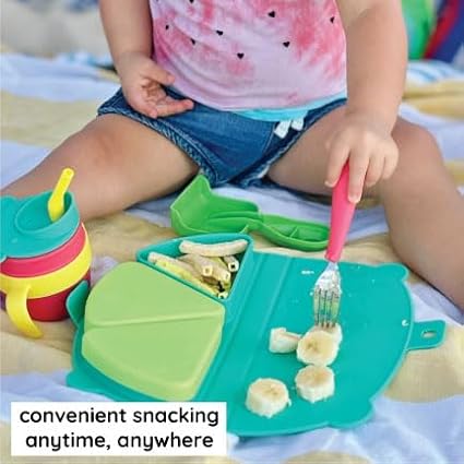 On-The-Go Snack Mat – Baby Silicone Travel Dining Placemat – Portable Silicone Toddler Plate – Reusable Snack Container with 3 Compartments and Lids for 6 Months + (Aqua)