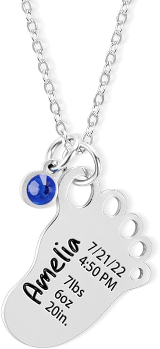 AILIN Custom Baby Feet Necklace With Month Birthstone Stainless Steel Personalized Engraved First Mom Necklace Birthday Mother's Day Gifts For Women New Mom