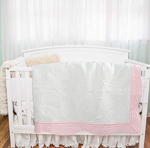 MONOBLANKS Baby Quilt Personlized Monogram Lightweight Embossed Scalloped Throw Blanket Four Seasons (White-Pink Trim)