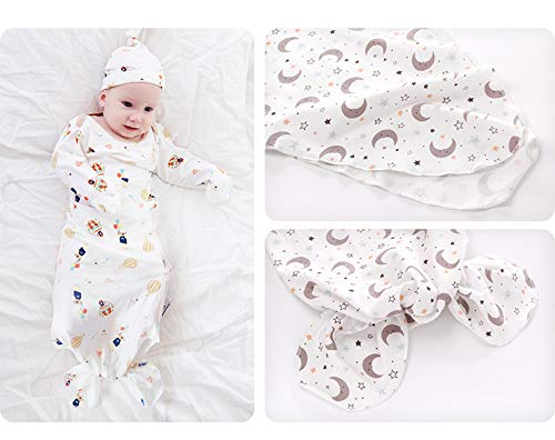 Newborn Knotted Nightgown Long Sleeve with Matching Hat Set 3 Pack, Cotton Baby Sleeper Gowns Sleeping Bags Home Outfits Set with Mitten Cuffs for Boys Girls (Balloon + Rainbow + Bear, 6-12 Months)