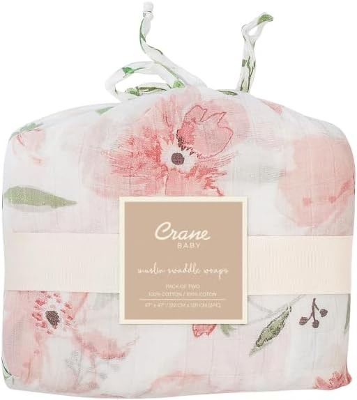 Crane Baby 100% Cotton Muslin Swaddle Blankets, Pink Floral, 47" x 47", Baby Swaddles for Newborns, Pink Floral, Swaddlers for Newborn Girl