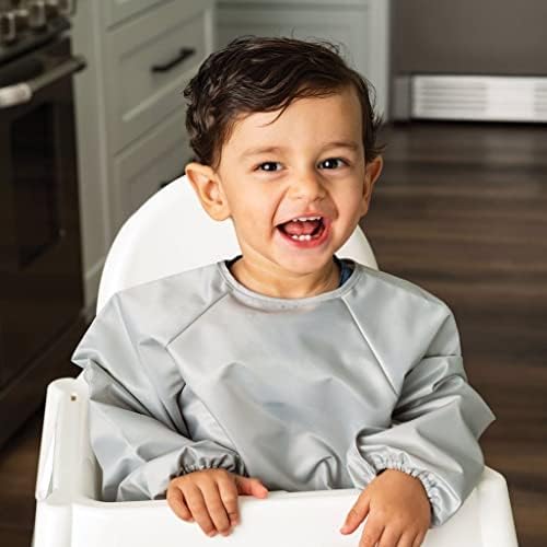 Tiny Twinkle Mess Proof Baby Bibs, 2pk Waterproof Smock Baby Bibs for Eating, Machine Washable Long Sleeve Bibs, Baby Led Weaning, Toddler Bibs, BLW Supplies (Grey Indigo, Small 6-24 Months)