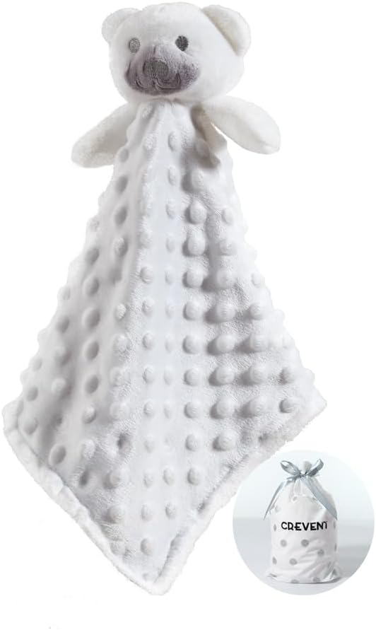 CREVENT Soft Cute Snuglling Toy Baby Security Blankies Unisex, Minky Dot Front + Sherpa Backing (White Bear)
