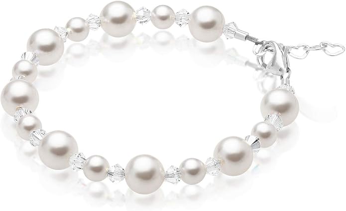 Sterling Silver Initial Charm Personalized Birthstone Bracelets for Girls, Baby Girl, Birthday Gifts for, Newborn, infant, Toddler, Teen, Pearl Bracelet, Birthstone Jewelry Crystals