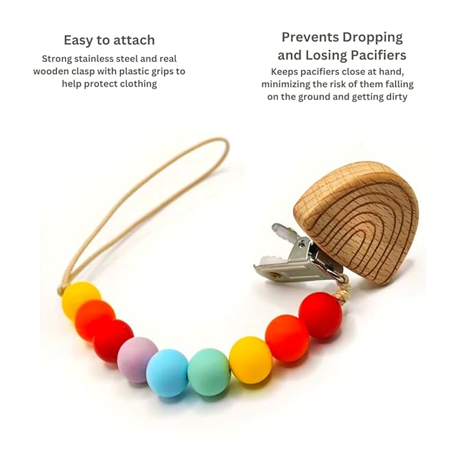 Wood Paci Clips 2 Pack for Baby Girl & Boy, Premium Flexible Bead Design, Universal Fit, Safe Pacifier Holder