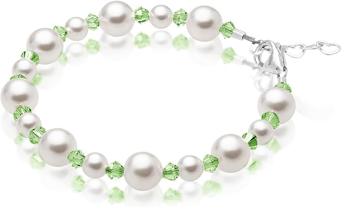 Sterling Silver Initial Charm Personalized Birthstone Bracelets for Girls, Baby Girl, Birthday Gifts for, Newborn, infant, Toddler, Teen, Pearl Bracelet, Birthstone Jewelry Crystals