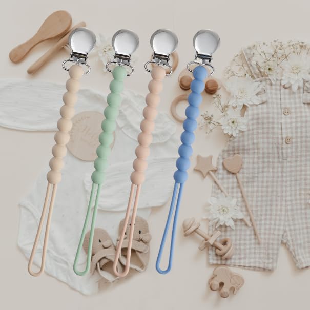 Pacifier Clip for Boys Girls - MORIBOX 4 Pack Paci Clip Soothie Baby Binky Holder for Shower Gift Birthday (Beige+Dbeige+Blue+Sage)