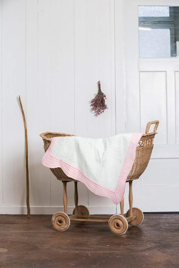 MONOBLANKS Baby Quilt Personlized Monogram Lightweight Embossed Scalloped Throw Blanket Four Seasons (White-Pink Trim)