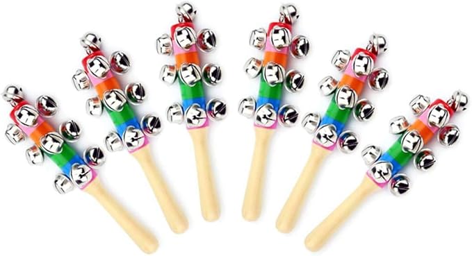 6Pcs Wooden Jingle Hand Bells,Rainbow Handle Wooden Bells Jingle Stick Shaker Rattle Baby Kids Children Musical Toys
