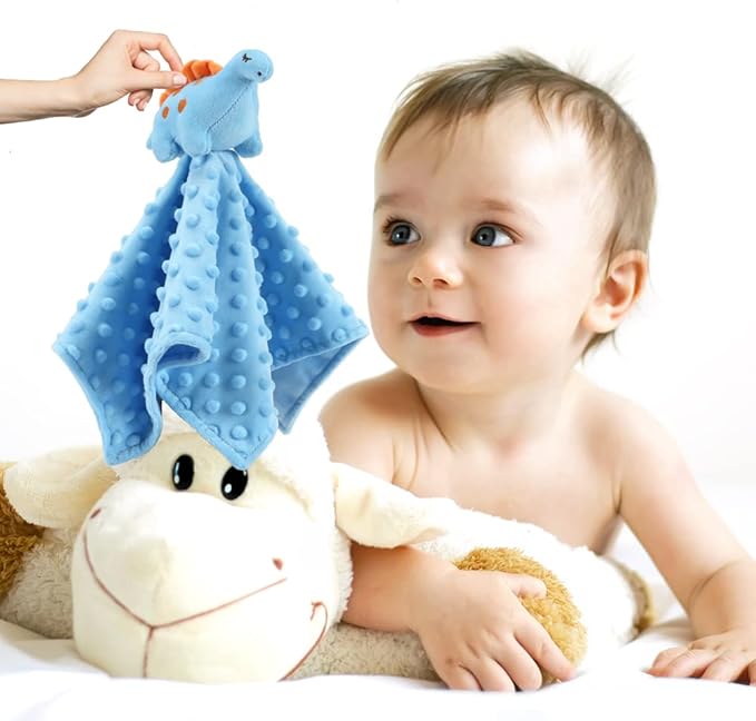 CREVENT Cozy Plush Baby Security Blanket Loveys for Baby Boys, Minky Dot Front + Sherpa Backing with Animal Face (Blue Dinosaur)