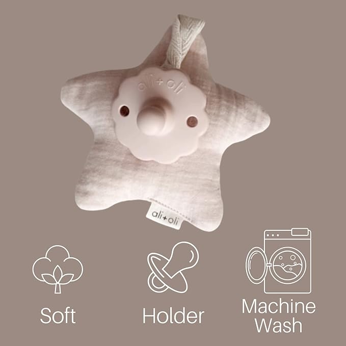 Ali+Oli Plush Muslin Cotton Pacifier Holder (Star-Pink) Soft Binky Holder for Babies, Plush Holder for Pacifiers, Cute Baby Binkies Plush Holder, Pacifier Holder for Baby Boys & Girls