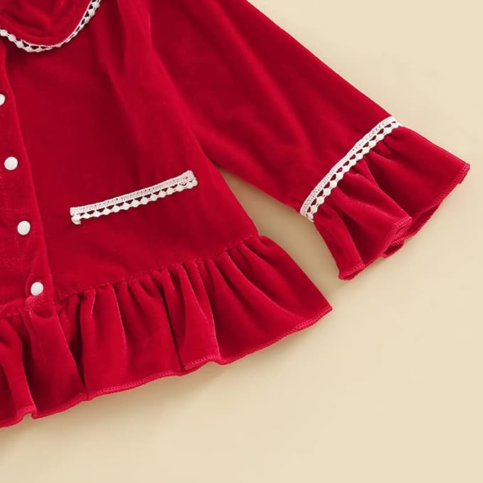 Toddler Kids Baby Girl Solid Pjs Ruffle Long Sleeve Button Shirt Top and Pants Cotton 2Piece Pajamas Set
