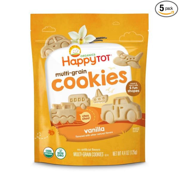 Happy Tot Organic Multi-Grain Cookies Toddler Snack, Fun Transportation Shapes, Vanilla, 4.4 Ounce (Pack of 5)