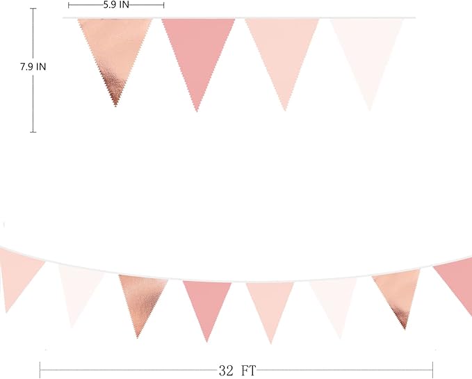 32Ft Rose Gold Party Decorations Dusty Blush Pink Pennant Banner Fabric Triangle Flag Bunting Garland Streamers for Wedding Birthday Anniversary Baby Bridal Shower Home Outdoor Garden Decorations