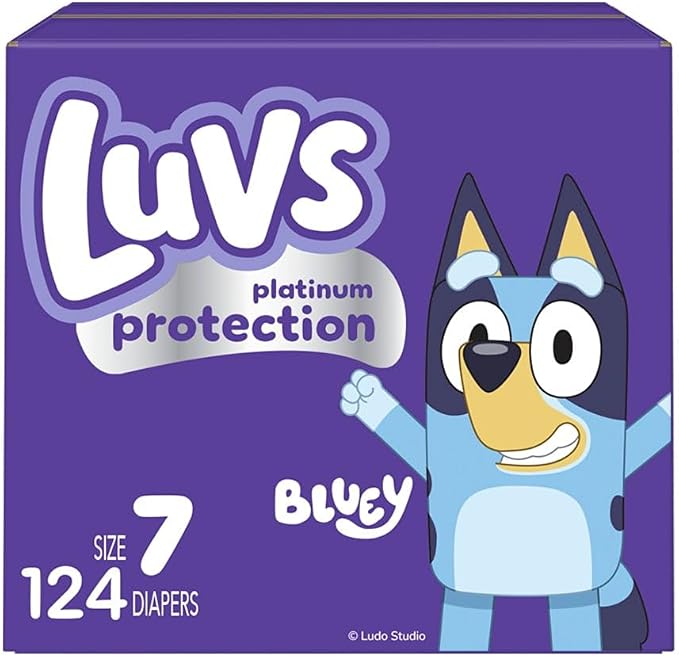 Luvs Size 7 Baby Diapers, Platinum Protection Bluey Diapers for Day & Night, Size 7, 124 Count (Packaging May Vary)