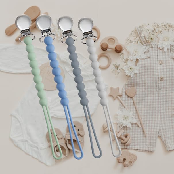 Pacifier Clip for Boys Girls - MORIBOX 4 Pack Paci Clip Soothie Baby Binky Holder for Shower Gift Birthday (Grey+Dgrey+Blue+Sage)