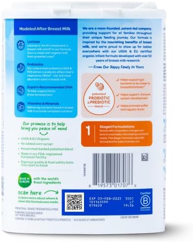 Happy Baby Organics Stage 1 Infant Formula, 0 12 Months, Milk Based Organic Baby Formula Powder with Iron, Probiotics & Prebiotics for Immune & Digestive Support, 22.9 Ounce (Pack of 4)