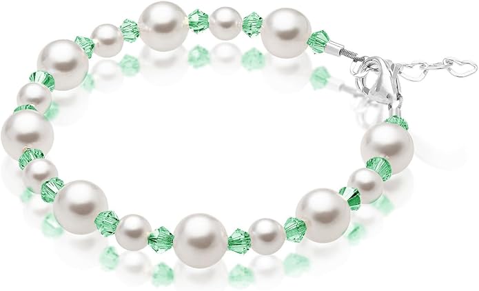 Sterling Silver Initial Charm Personalized Birthstone Bracelets for Girls, Baby Girl, Birthday Gifts for, Newborn, infant, Toddler, Teen, Pearl Bracelet, Birthstone Jewelry Crystals