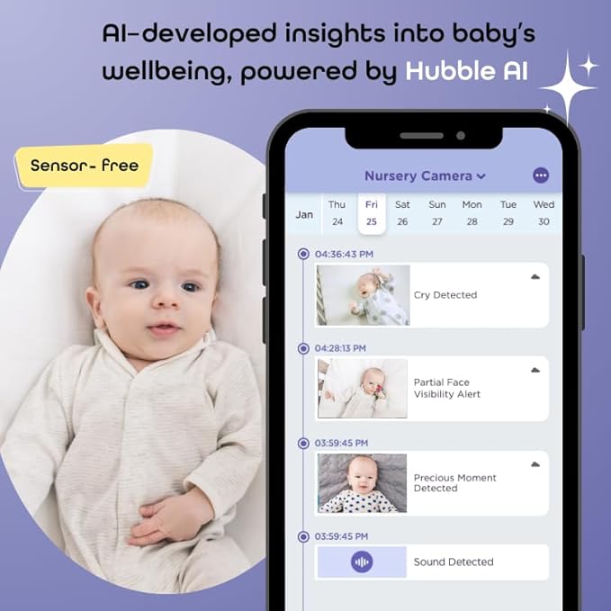 HUBBLE CONNECTED SkyVision Pro Twin AI-Enhanced HD Smart Baby Monitor, 2 Cameras, Parent Unit, Mounts, Smart Rollover & Cry Detection, AI Sleep Report, 2-Way Talk, Night Vision, Light & Sounds, App
