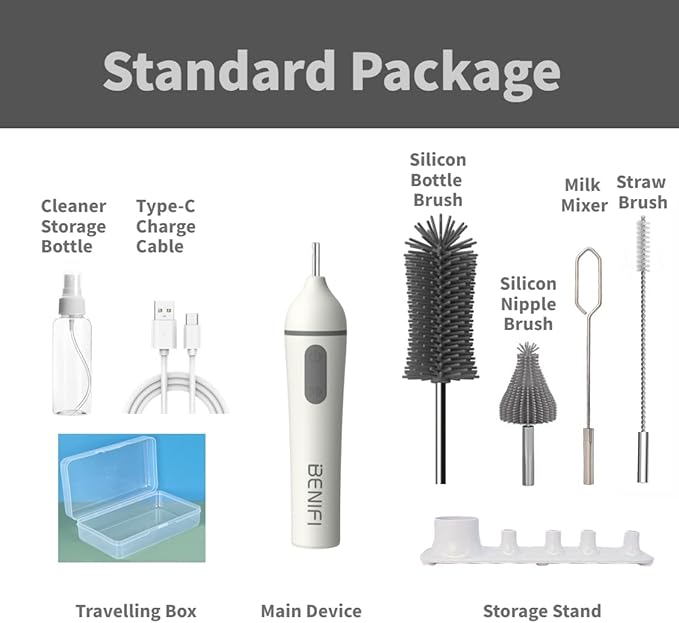 Travelling Electric Bottle Brush Set, Baby Bottle Brush Set, Long Handle Bottle Brush, BPA Free Silicon Bottle Brush, Storage Stand, Milk Mixer, Egg Whisk Included (Gray, Normal)