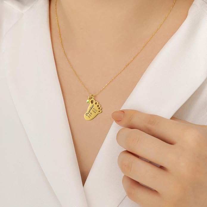 AILIN Custom Baby Feet Necklace With Month Birthstone Stainless Steel Personalized Engraved First Mom Necklace Birthday Mother's Day Gifts For Women New Mom