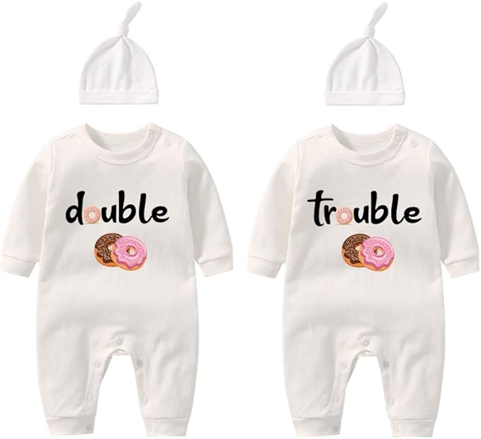 YSCULBUTOL Baby Twins Bodysuits Funny Double Trouble Cute Girl Romper Twin Jumpsuits Hat Set