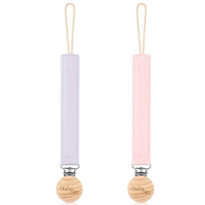 Baby Pacifier Clip, 2 Pack Fabric Pacifier Clips, Super Soft Fabric Strap with Wooden Clip, Pacifier Clips for Baby Girl & Boy (Pale Mauve/Blush)