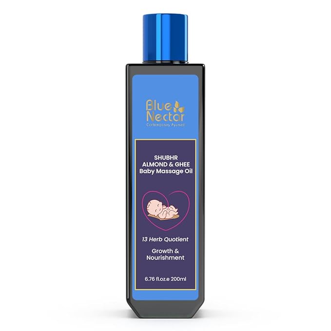 Blue Nectar Ayurveda Gentle Baby Oil for Newborn Skin Care -Moisturizing Baby Massage Oil for Dry Skin Moisturizer |Soothing with 100% Natural Coconut Oil & Organic Ghee (13 Herbs, 6.76 Fl Oz)