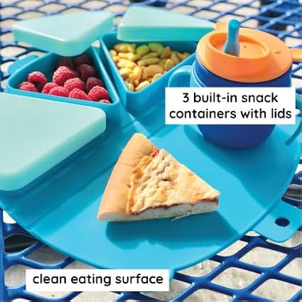 On-The-Go Snack Mat – Baby Silicone Travel Dining Placemat – Portable Silicone Toddler Plate – Reusable Snack Container with 3 Compartments and Lids for 6 Months + (Plum)