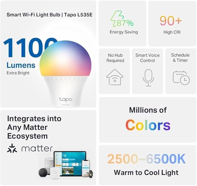 Tapo TP-Link Smart Light Bulbs, 1100 Lumens High Brightness (75W Equivalent), Matter-Certified, 16M Colors WiFi Light Bulb, Dimmable, Works w/Siri, Alexa & Google Home, A19 E26, L535E(4-Pack)