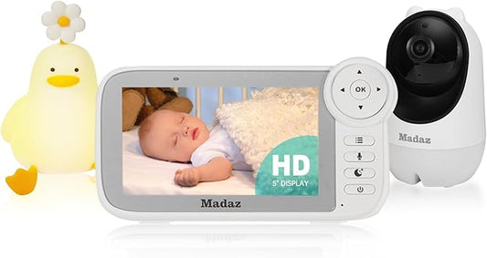 Madaz Video Baby Monitor with Color Night Vision - No WiFi, 5" HD Display, Lullabies, Temperature Sensor, 2-Way Talk, 1080P Pan-Tilt-Zoom Camera,1000ft Range + Night Light