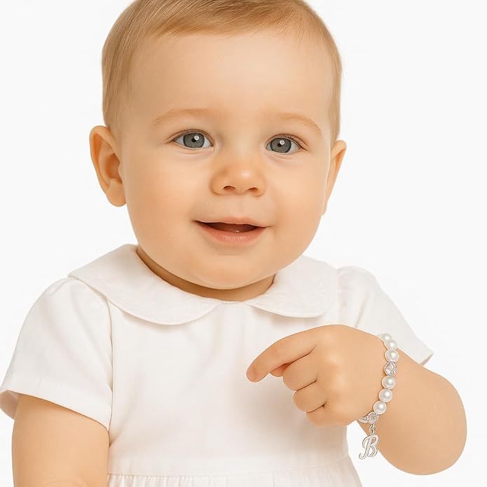925 Sterling Silver Initial Bracelet, White Pearl Charm Bracelet, A-Z Letter Charms, Personalized Baby Jewelry, Baptism Gifts for Girl or Boy, Birthday Gifts, Crystal Bracelets for Girls