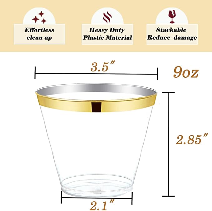 WDF 200 Pack Gold Plastic Cups - 9 Oz Elegant Clear Plastic Cups Gold Rimmed - Fancy Disposable Party Cup Wedding Cup Drinking Tumblers Cocktail Glasses