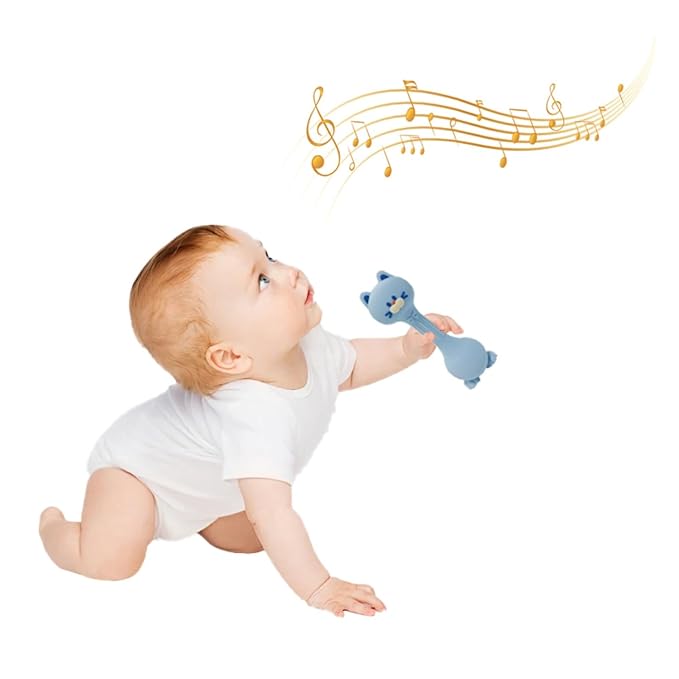 Teether Rattle Toys Cat Silicone Teether Rattle for Baby Food Grade Silicone (Blue)