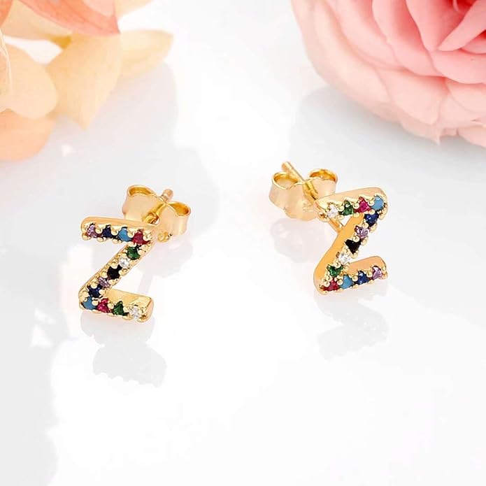 Memorjew Initial Stud Earrings for Women, Hypoallergenic 925 Sterling Silver Post Rainbow Cubic Zirconia Gold Plated 26 Initial Earrings for Women Jewelry Gifts