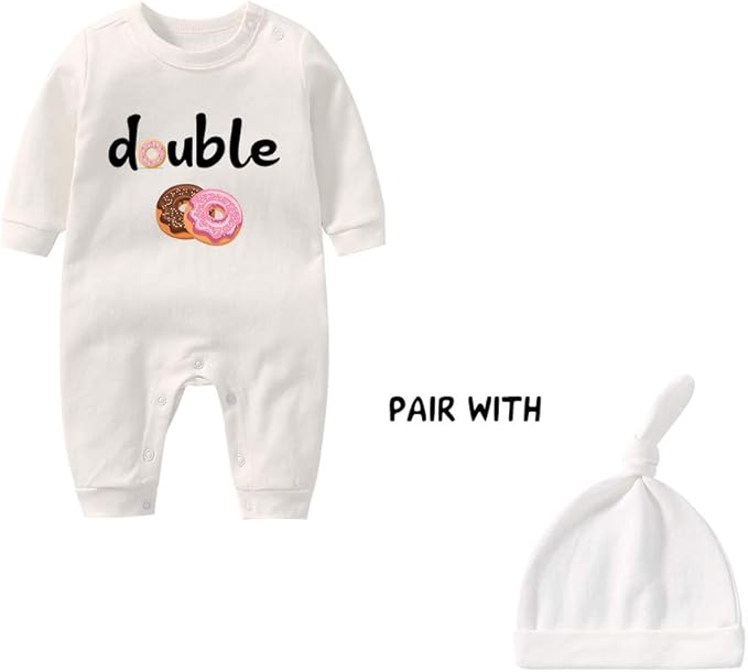 YSCULBUTOL Baby Twins Bodysuits Funny Double Trouble Cute Girl Romper Twin Jumpsuits Hat Set