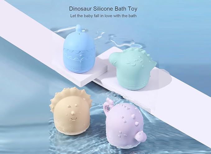 Safe Sensory Bath Toy Set for Baby Toddlers Dragon Family Set BPA Free Food Grade Silicone Tub Toys Perfect as a Bath or Shower Toys for Bathtub Pool Water Play Fun(4pack)
