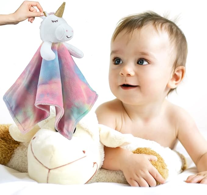 CREVENT Cozy Plush Baby Security Blanket Loveys for Baby Girls, Minky Dot Front + Backing with Animal Face (Unicorn)
