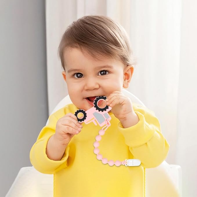 Baby Food Grade Silicone Tractor Truck Teether Toy with One Piece Design Pacifier Clip Holder,Teething Pain Relief Toys Gift Set for 3 Months+ Boys and Girls,Freezer Safe,BPA Free. (Pink)
