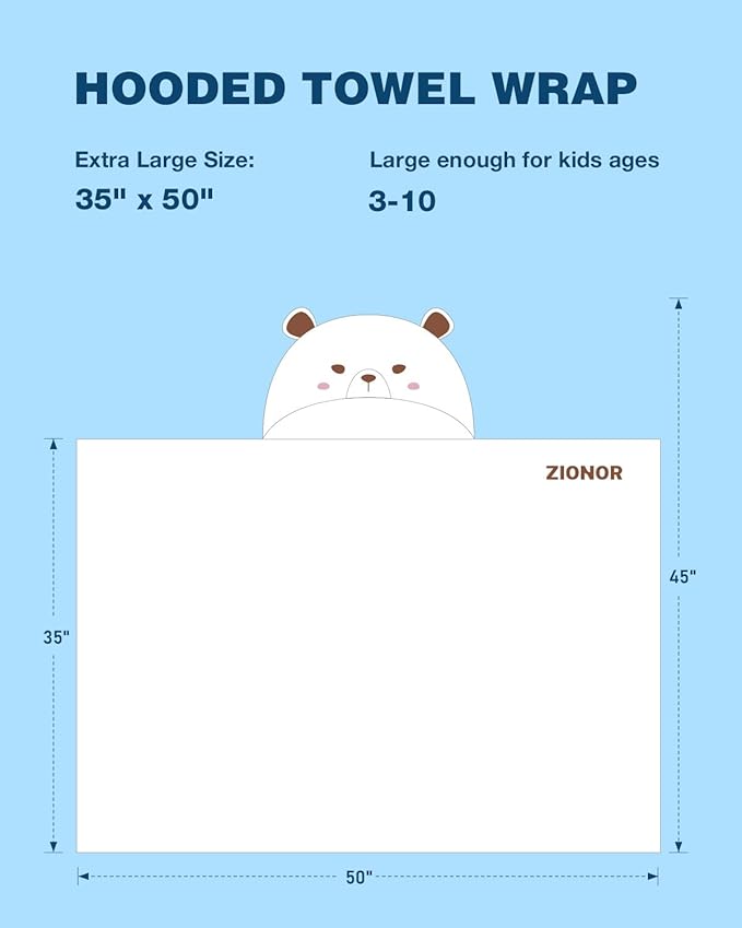 ZIONOR Hooded Bath Towel for Kids - 50''L x 35''W Extra-Large Hooded Towels for Big Kids 6-10, Kids Beach Towels Made from Bamboo Rayon, Suitable for Bath, Pool, Beach(White Bear)